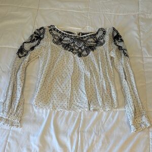 Free People Sheer White Blouse with Black Embroidery